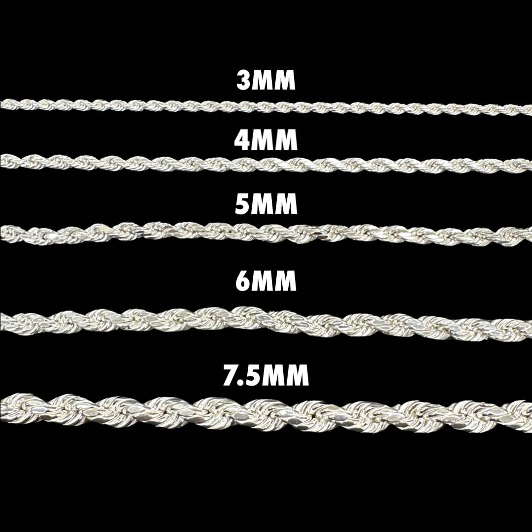 925 Sterling Silver 3/4/5/6/7.5MM Semi Solid Diamond Cut Rope Chains, Brand New